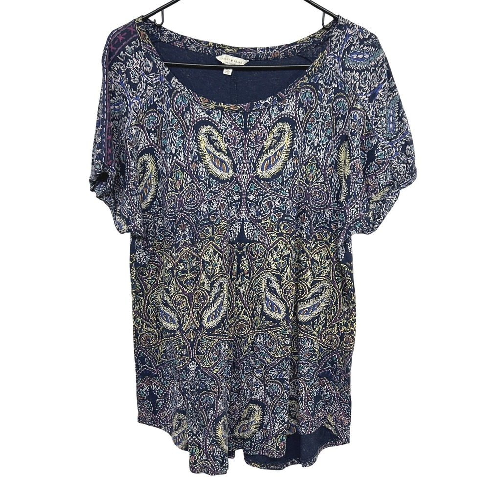 Lucky Brand Boho Paisley Peplum Top Large Navy Festival Indie Hippie Oversized